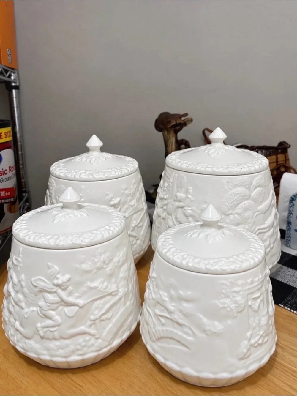 White Ceramic Lidded Canister Set - Elegant Relief Design